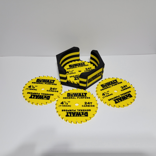 Dewalt_5_Set Industrial Saw Blade Coaster Set – DeWalt Inspired Workshop Decor