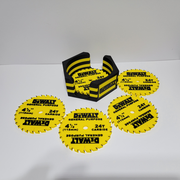 Dewalt_6_Set Industrial Saw Blade Coaster Set – DeWalt Inspired Workshop Decor